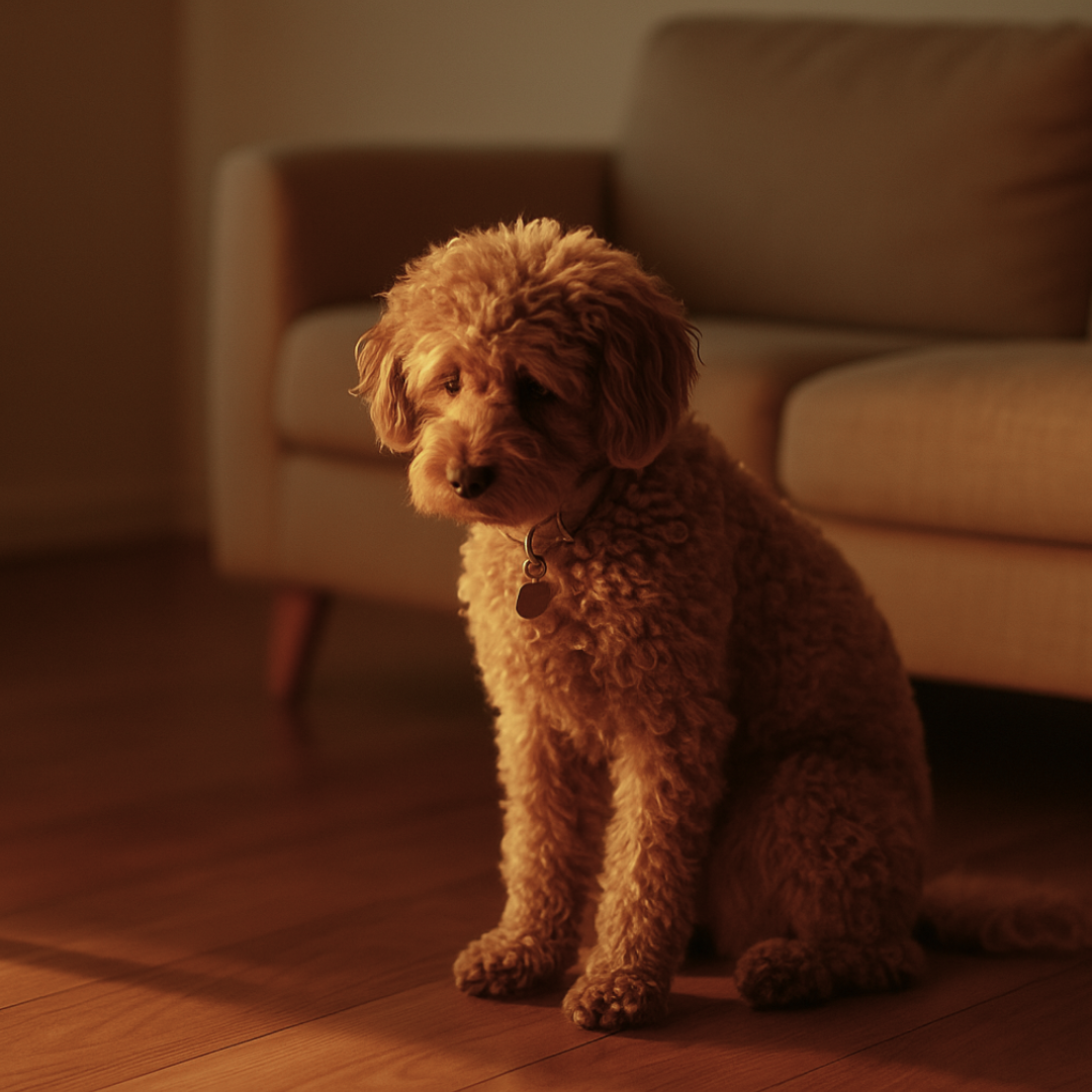 Kleiner brauner Hund sitzt traurig allein im Wohnzimmer bei warmem Abendlicht vor einem Sofa