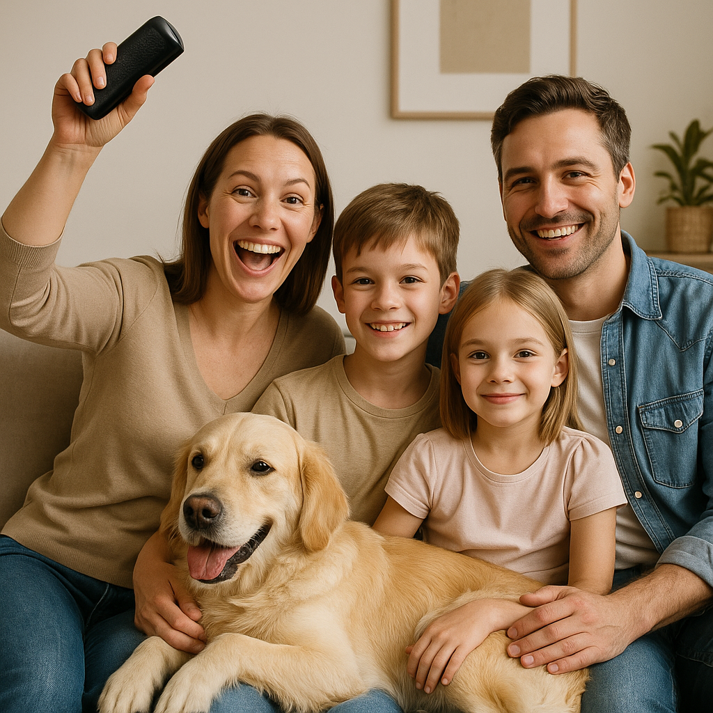 Glückliche Familie mit Hund – Anwenderbild mit FellWunder zur Fellpflege im Alltag
