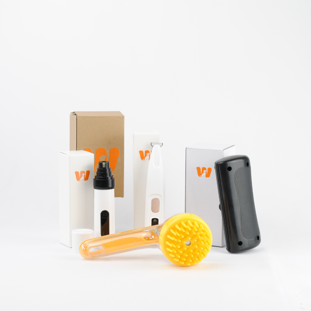 Wunderhund Pflegebundle mit FellWunder, KrallenWunder, TrimmWunder und PfotenWunder – Pflegeprodukte für Hunde mit Verpackung im Überblick